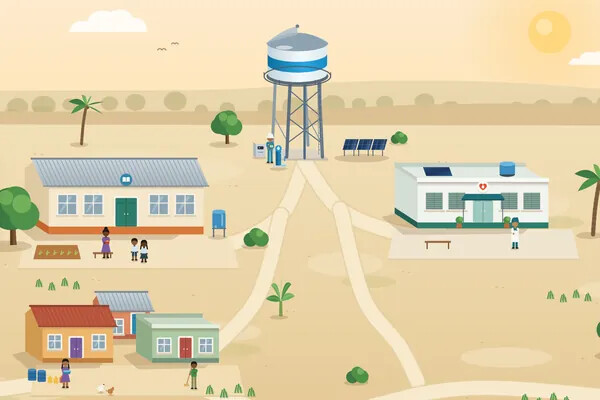Capture de l’animation : un village et son château d’eau, avec l’école, le centre de santé, les maisons et les cultures.
