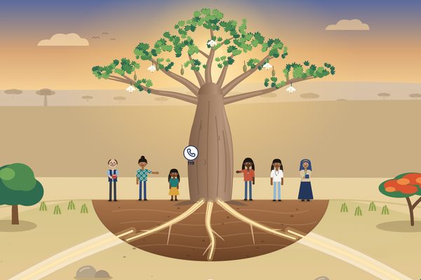Capture de l’aventure : un baobab en fleurs aux racines lumineuses, entouré d’une enfant et d’adultes de confiance.