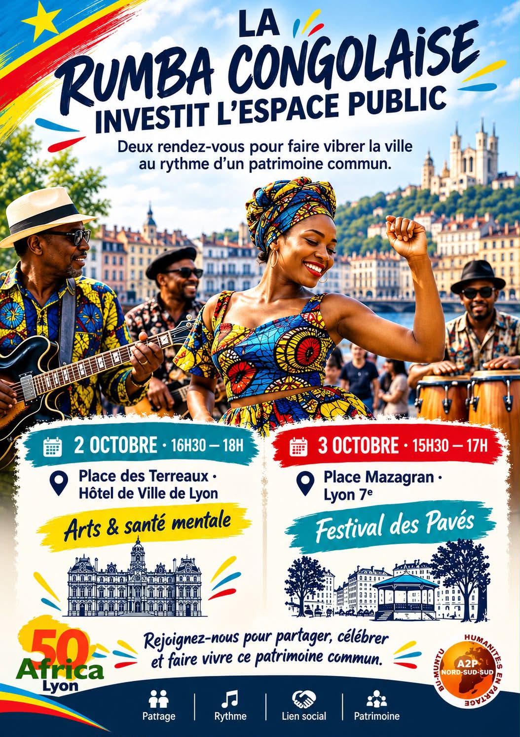 Danseurs et guitaristes de la rumba congolaise sur la place des Terreaux à Lyon lors du rendez-vous Africa50 Lyon.