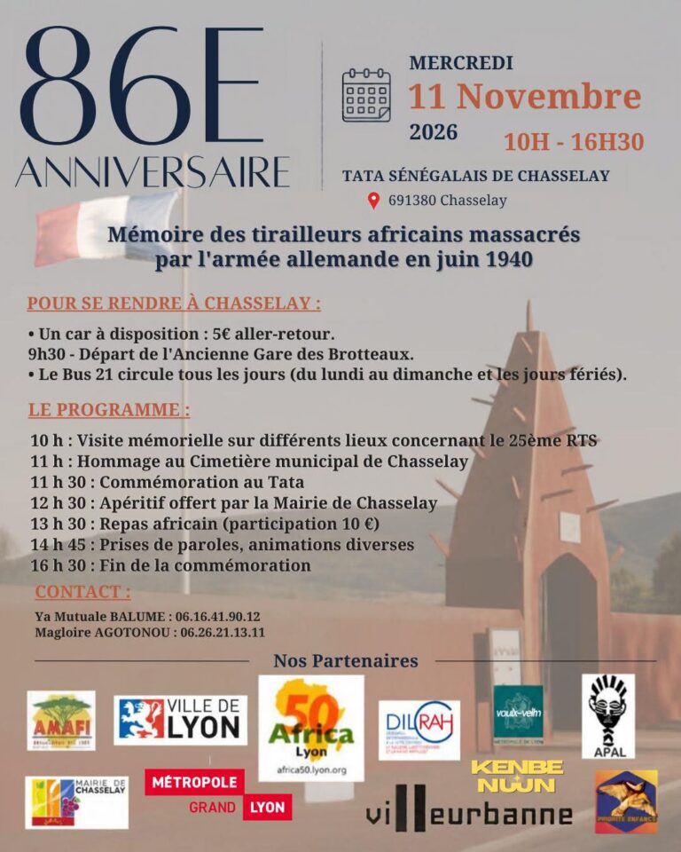Affiche de la 86e commémoration du massacre des tirailleurs africains au Tata Sénégalais de Chasselay le mercredi 11 novembre 2026, avec le programme de la journée et les partenaires机构nels logos Ville