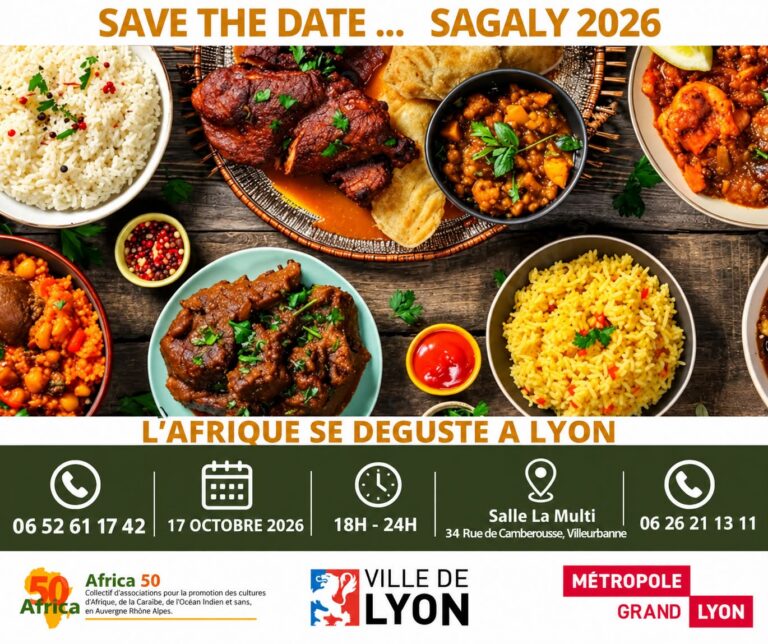 Affiche Sagaly 2026 du 17 octobre à Villeurbanne présentant plusieurs plats africains colorés, riz, viande braisée et pois chiches sur une table en bois