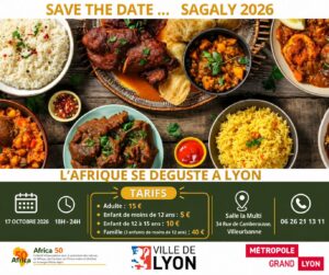 Affiche Sagaly 2026, plats africains variés sur table en bois, riz blanc, yassa, riz jaune, sauces colorées, tarifs adultes 15 euros, enfants 5 et 10 euros, forfait famille 40 euros, le 17 octobre 202